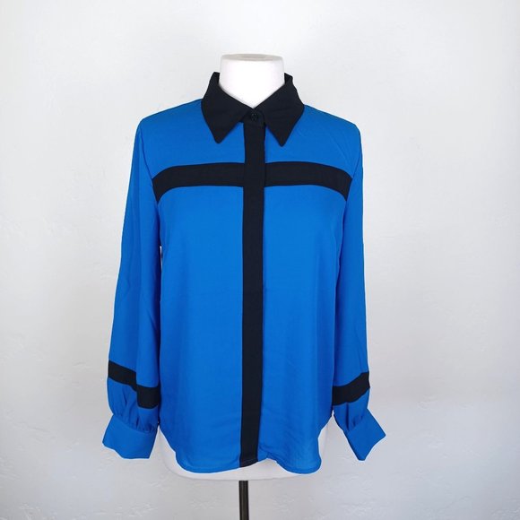 NY&C Women's Blouse Bow Front Long Sleeve Colorblock Blue Black Size Medium - Picture 3 of 7